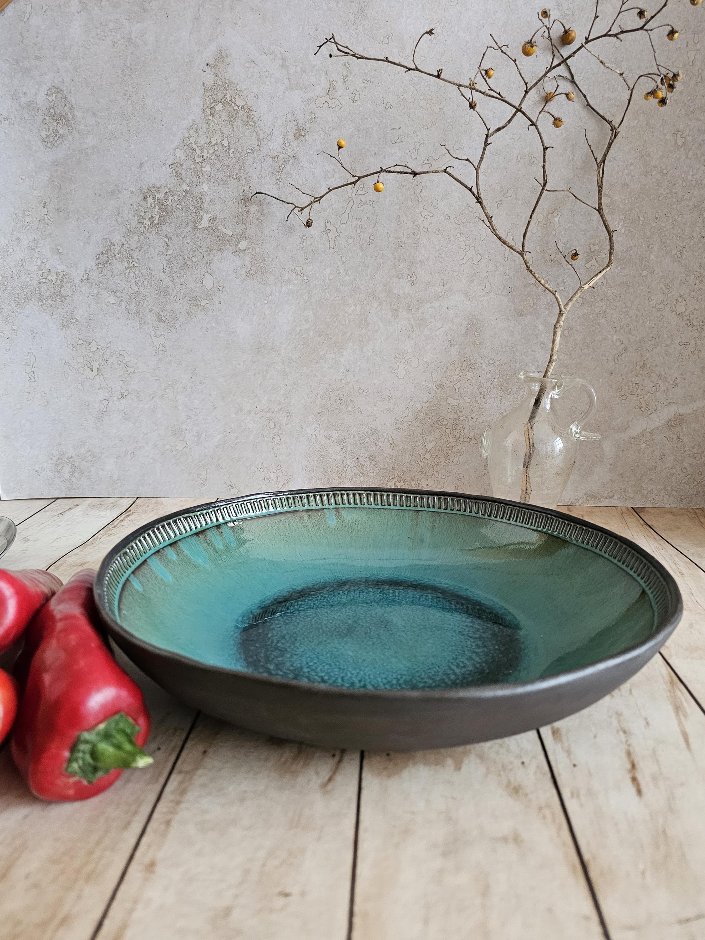 Large Ceramic Serving Bowl: Turquoise Glaze, Hand-Painted Engraved Decor