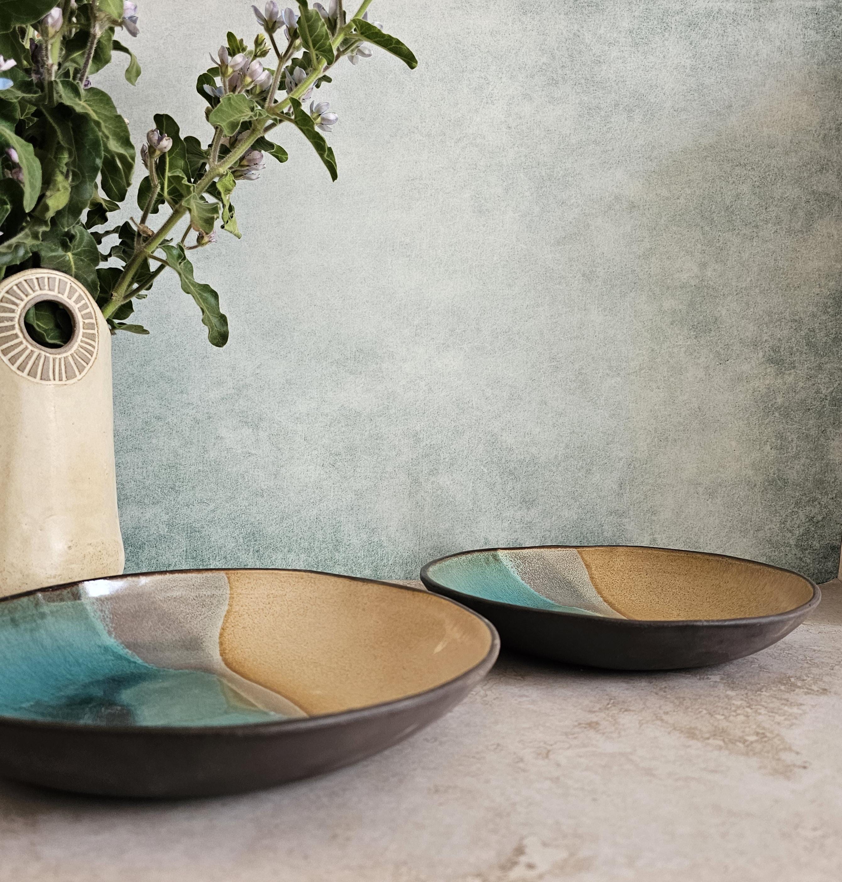 Handmade Ceramic Ramen Bowls: Beige & Turquoise Soup Bowls (Set of 2)