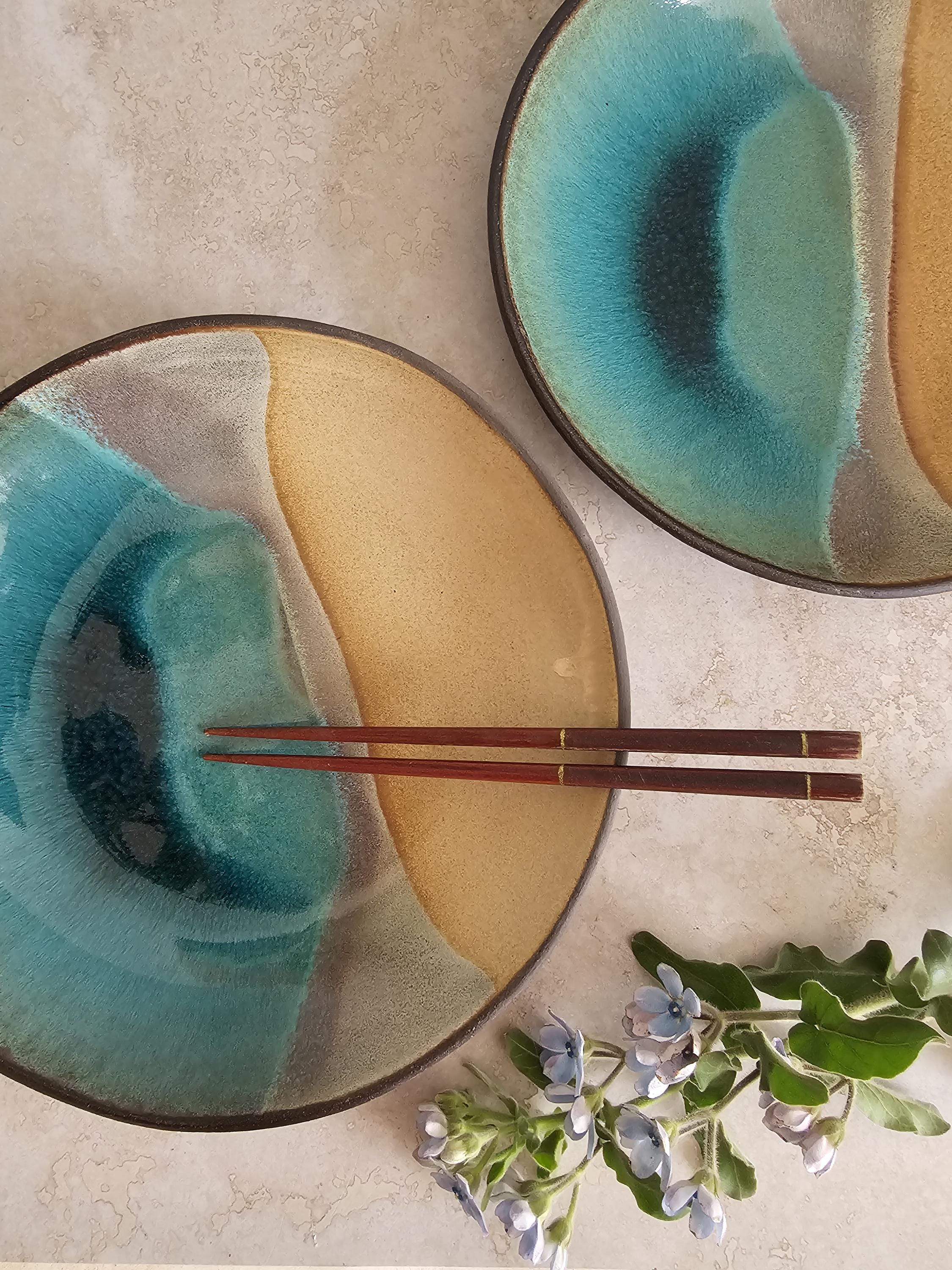Handmade Ceramic Ramen Bowls: Beige & Turquoise Soup Bowls (Set of 2)
